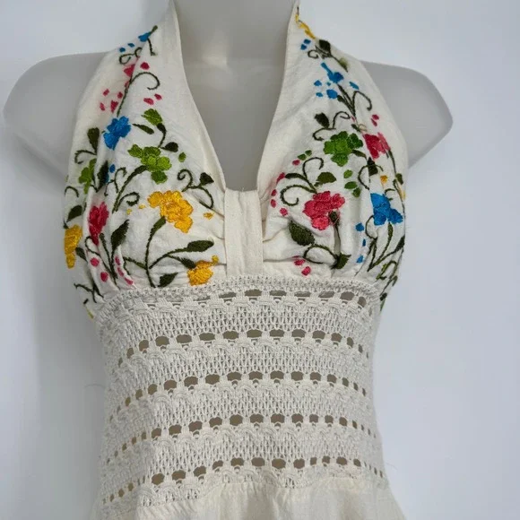 Women Dress S Cream Boho Floral Midi Crochet Handkerchief Hem Festival Cottage - Picture 2 of 10